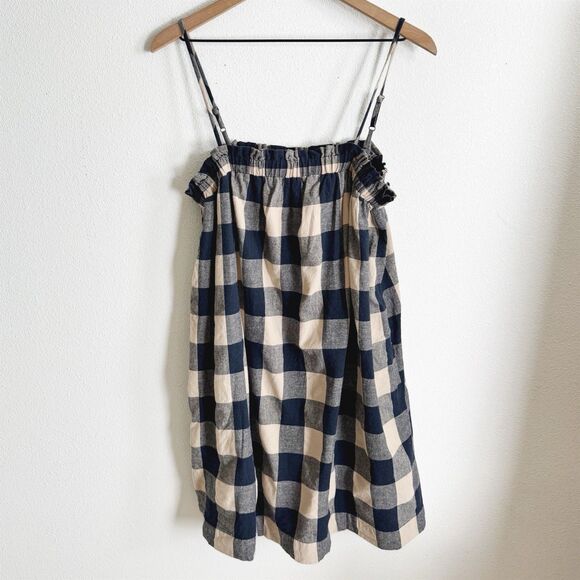 Grade & Gather Dress Womens Small Navy Buffalo Check Linen Beachy Boho Coastal - Picture 1 of 15